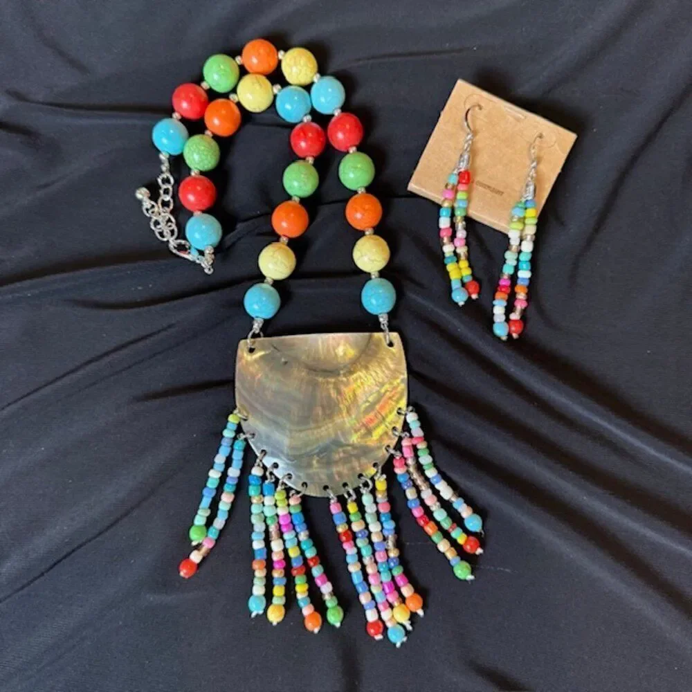 NWT Multicolor‎ Mother of Pearl See Bead Tassel Statement Necklace and Earrings
